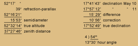 Table of celestial observation calculations transcribed below