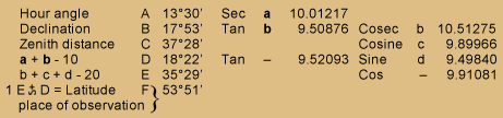 Table of celestial observation calculations transcribed below