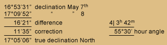 Table of celestial observation calculations transcribed below