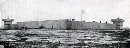 fort with wooden walls and two blockades at opposite corners